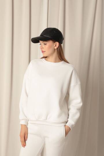 Üç İplik Sıfır Yaka Çimalı Kadın Ekru Sweat - 5