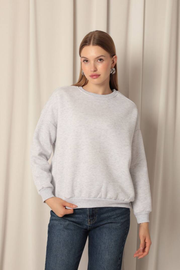 Üç İplik Sıfır Yaka Çimalı Kadın Gri Sweat - 2