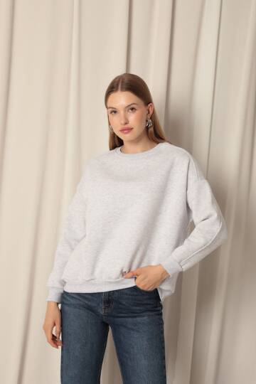 Üç İplik Sıfır Yaka Çimalı Kadın Gri Sweat - 3