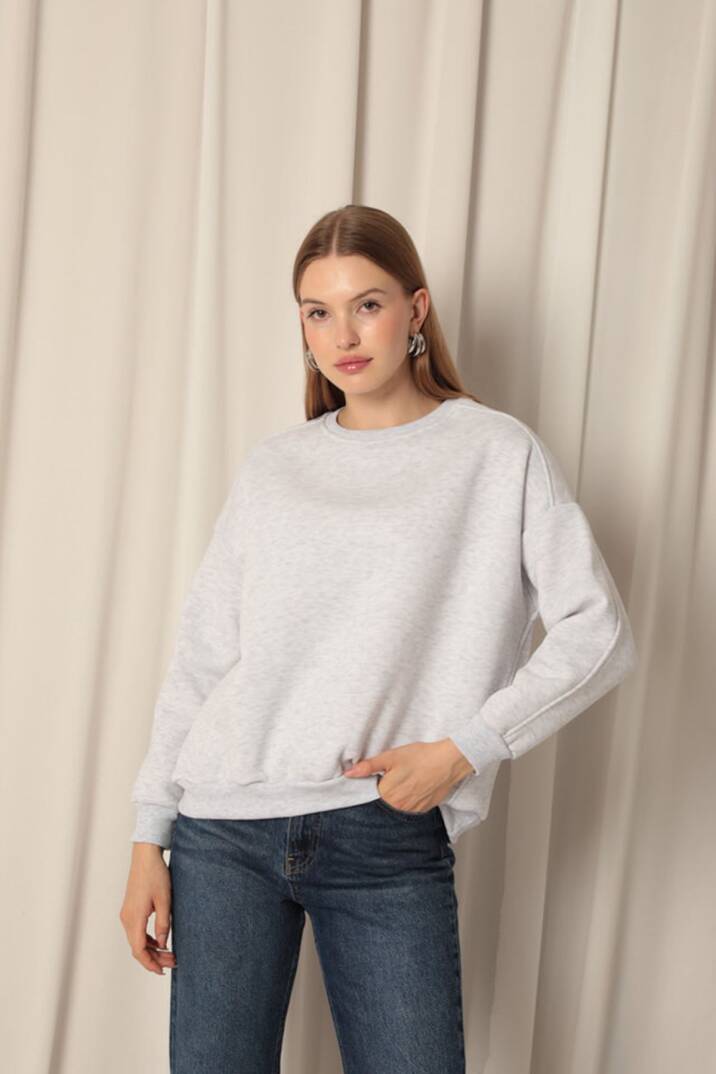 Üç İplik Sıfır Yaka Çimalı Kadın Gri Sweat - 3