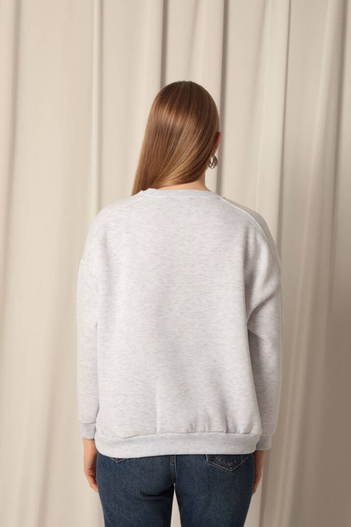 Üç İplik Sıfır Yaka Çimalı Kadın Gri Sweat - 4