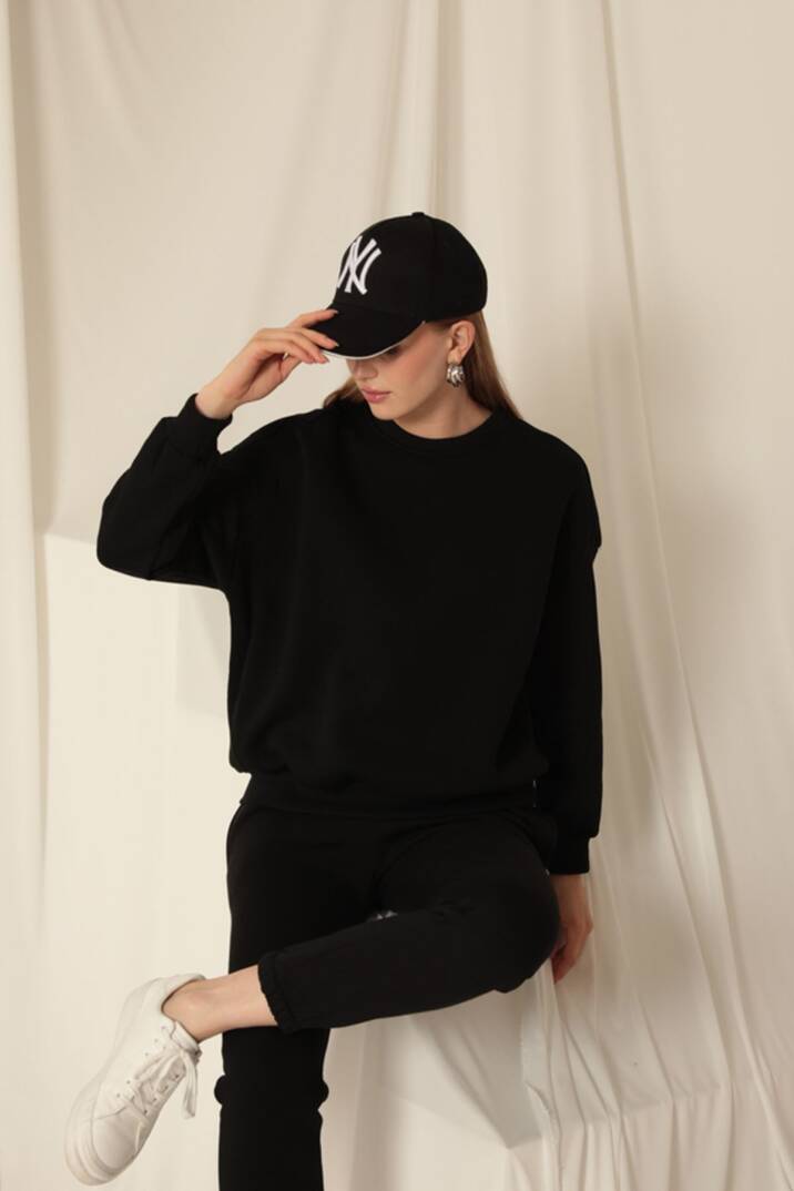 Üç İplik Sıfır Yaka Çimalı Kadın Siyah Sweat - 2