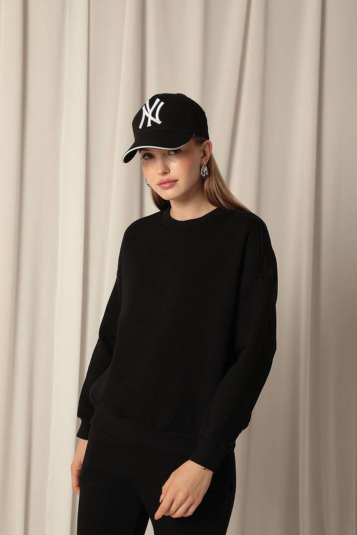 Üç İplik Sıfır Yaka Çimalı Kadın Siyah Sweat - 3