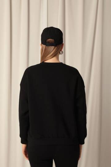 Üç İplik Sıfır Yaka Çimalı Kadın Siyah Sweat - 5