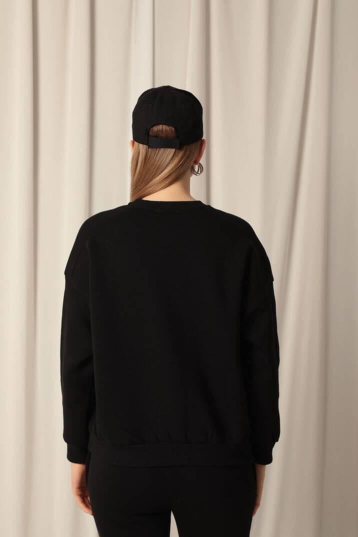 Üç İplik Sıfır Yaka Çimalı Kadın Siyah Sweat - 5