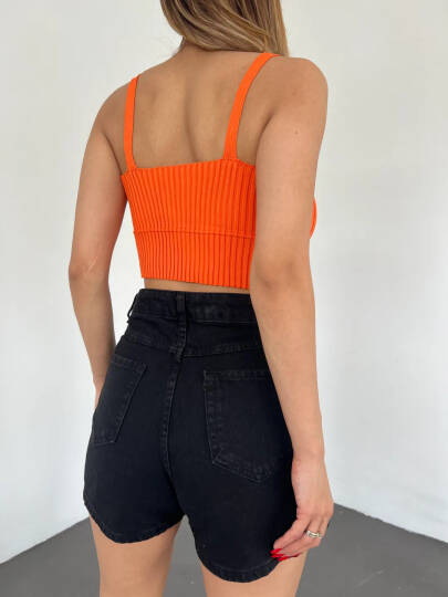 V Yaka Askılı Crop Triko Büstiyer Turuncu - DF2202 - 3