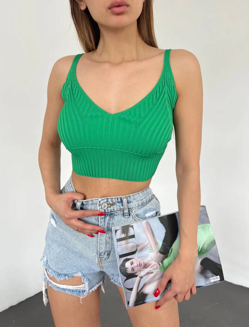 V Yaka Askılı Crop Triko Büstiyer Yeşil - DF2202 - 1