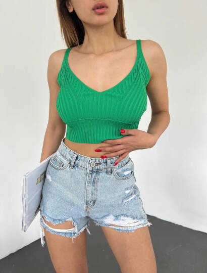 V Yaka Askılı Crop Triko Büstiyer Yeşil - DF2202 - 2
