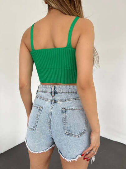 V Yaka Askılı Crop Triko Büstiyer Yeşil - DF2202 - 4