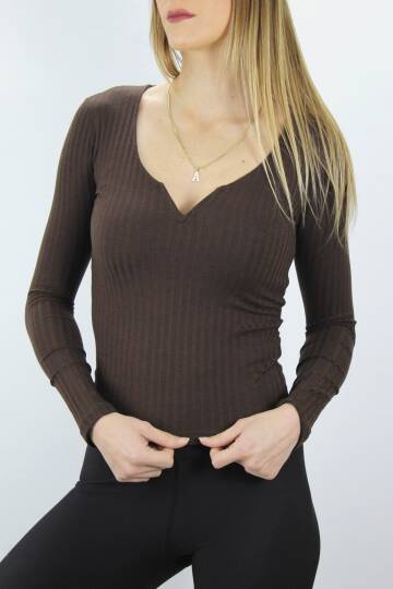 V Yaka Klipsli Bluz Kahve - 117.645 - 2