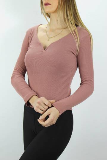 V Yaka Klipsli Bluz Pudra - 117.645 - 2