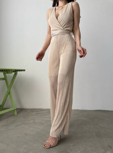 V Yaka Kuşaklı Krinkle Tulum - 2