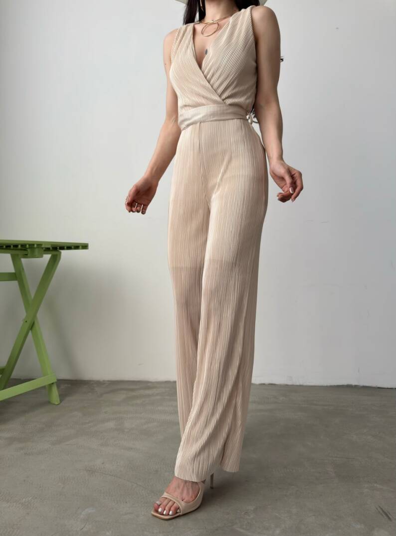 V Yaka Kuşaklı Krinkle Tulum - 2