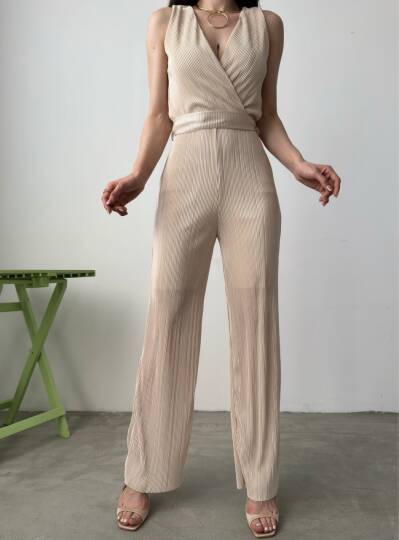 V Yaka Kuşaklı Krinkle Tulum - 3