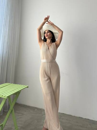 V Yaka Kuşaklı Krinkle Tulum - 5