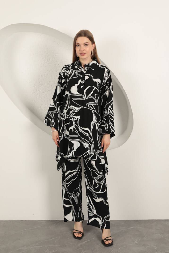 Viskon Desenli Kadın Takım-Siyah - 1