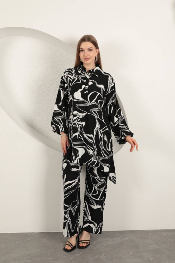 Viskon Desenli Kadın Takım-Siyah - 2
