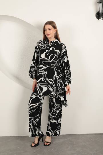 Viskon Desenli Kadın Takım-Siyah - 3