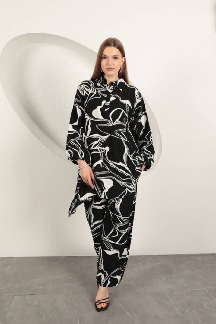 Viskon Desenli Kadın Takım-Siyah - 4