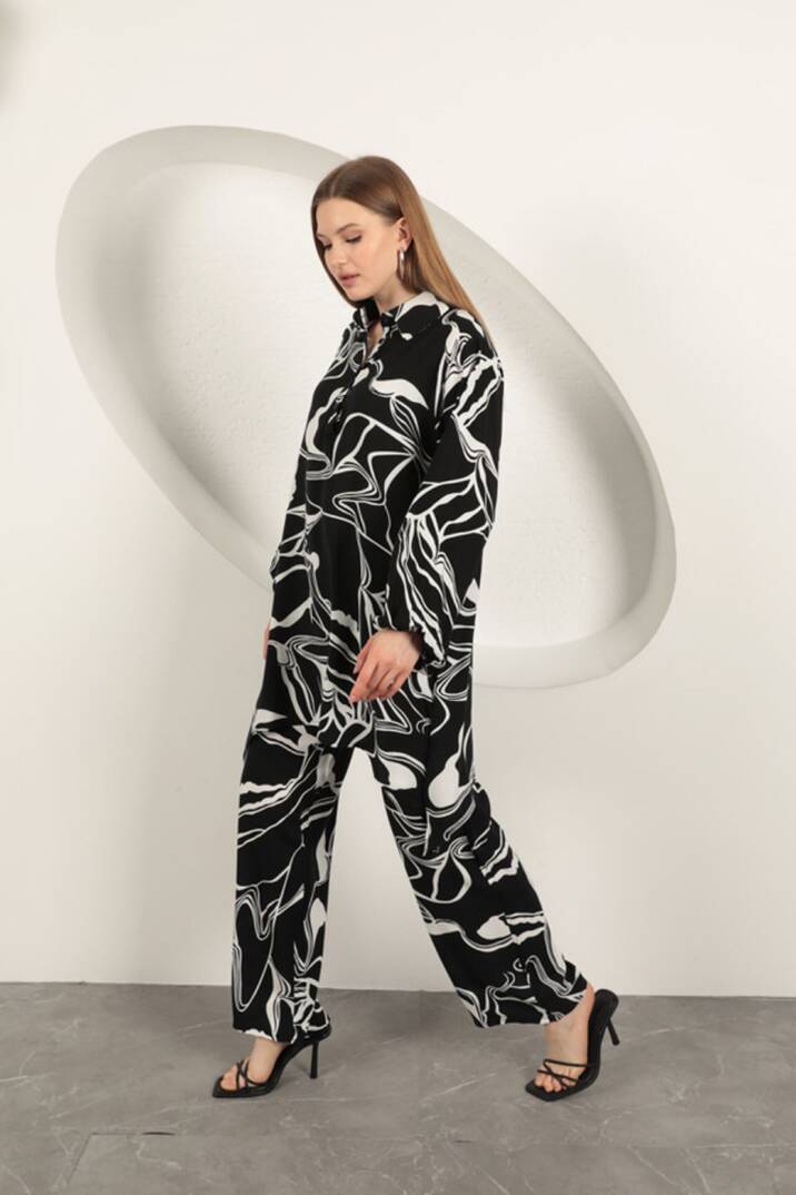 Viskon Desenli Kadın Takım-Siyah - 5