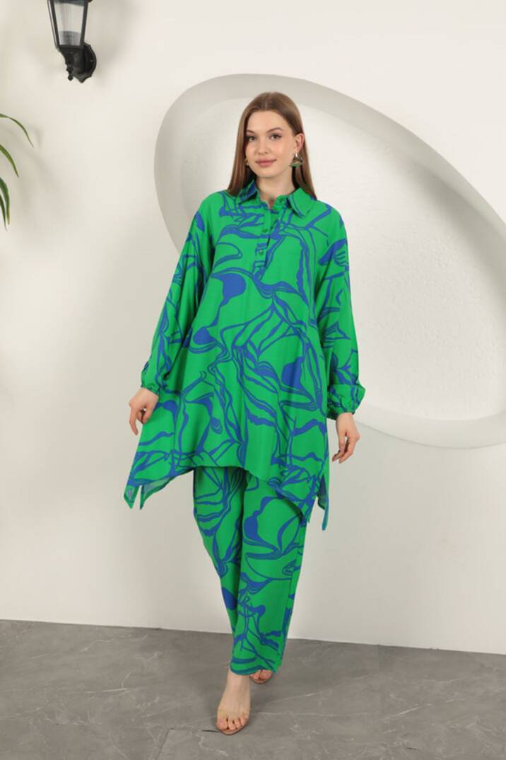 Viskon Desenli Kadın Takım-Yeşil - 2