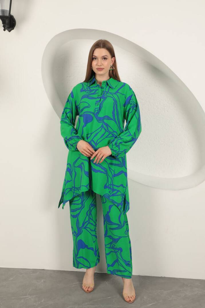 Viskon Desenli Kadın Takım-Yeşil - 3