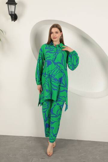 Viskon Desenli Kadın Takım-Yeşil - 4
