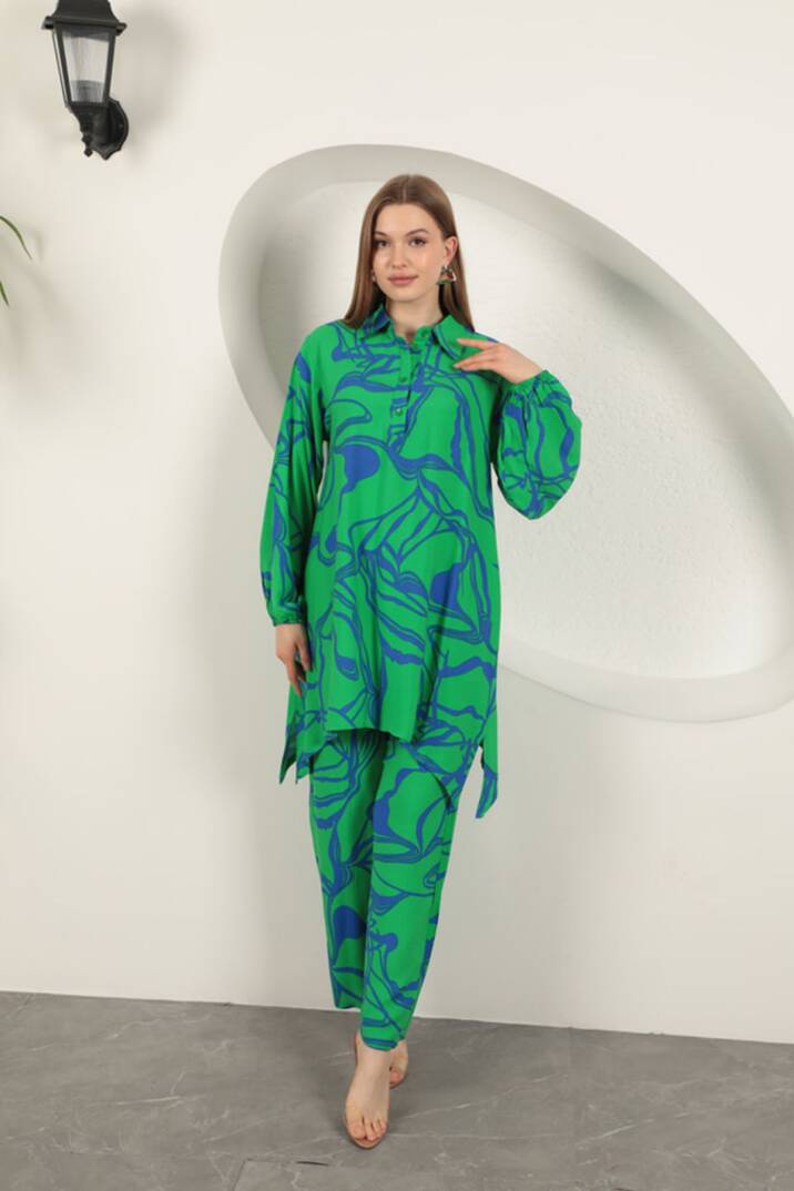 Viskon Desenli Kadın Takım-Yeşil - 4