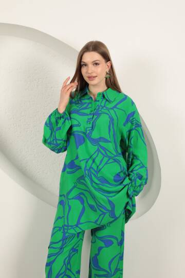 Viskon Desenli Kadın Takım-Yeşil - 5