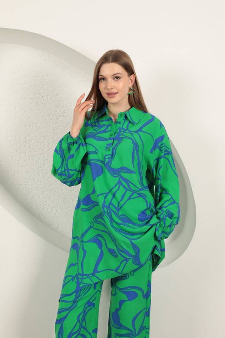 Viskon Desenli Kadın Takım-Yeşil - 5