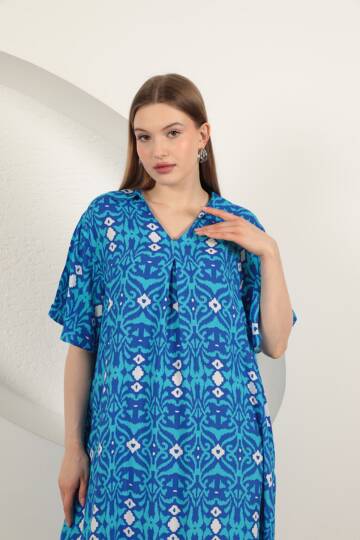Viskon Etnik Desenli Elbise-Mavi - 2