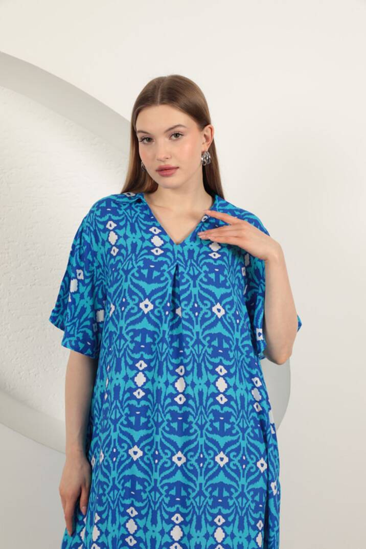 Viskon Etnik Desenli Elbise-Mavi - 2