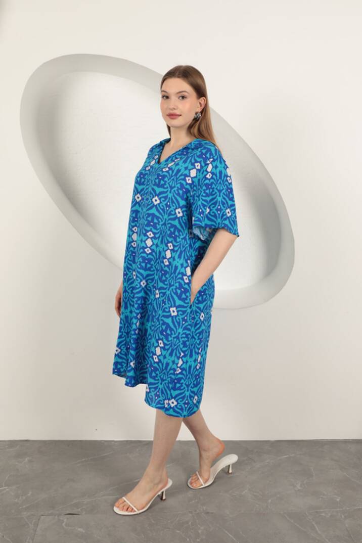 Viskon Etnik Desenli Elbise-Mavi - 3