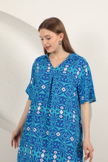 Viskon Etnik Desenli Elbise-Mavi - 4