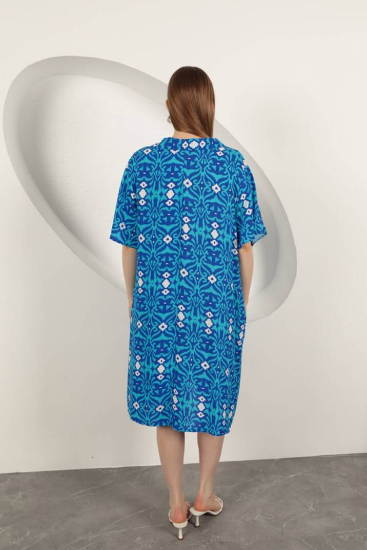 Viskon Etnik Desenli Elbise-Mavi - 5