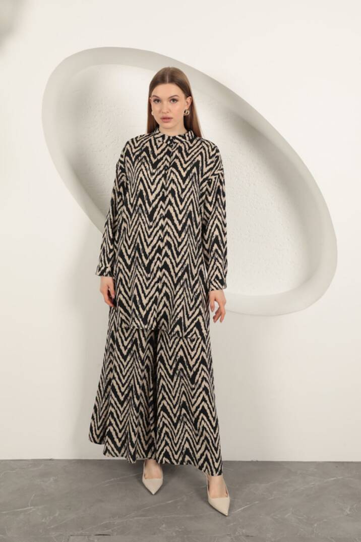 Viskon Kumaş Çizgili Kadın Takım-Bej - 1