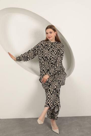 Viskon Kumaş Çizgili Kadın Takım-Bej - 3