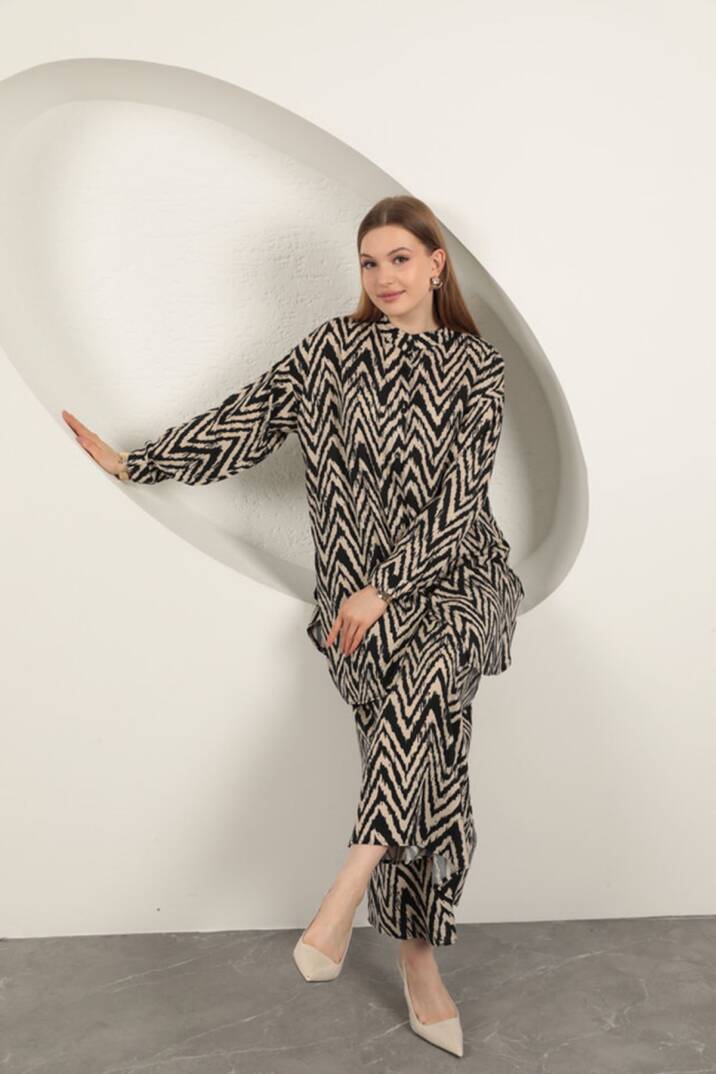 Viskon Kumaş Çizgili Kadın Takım-Bej - 3