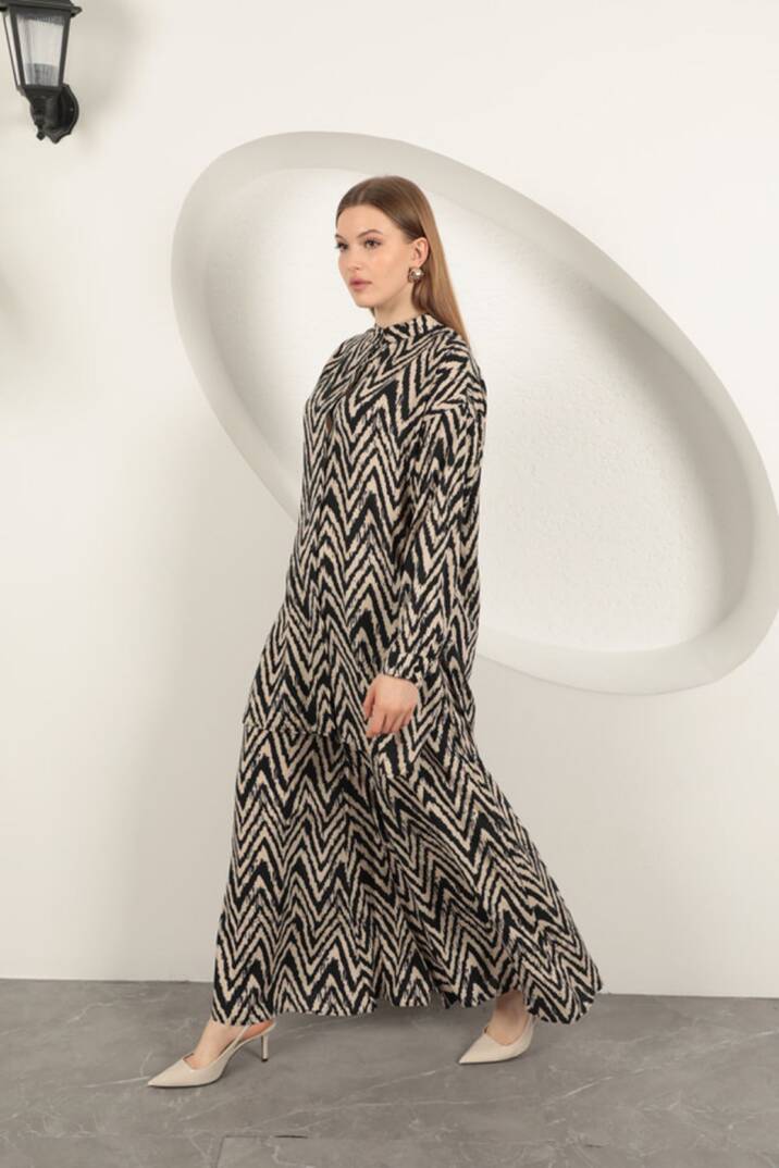 Viskon Kumaş Çizgili Kadın Takım-Bej - 4