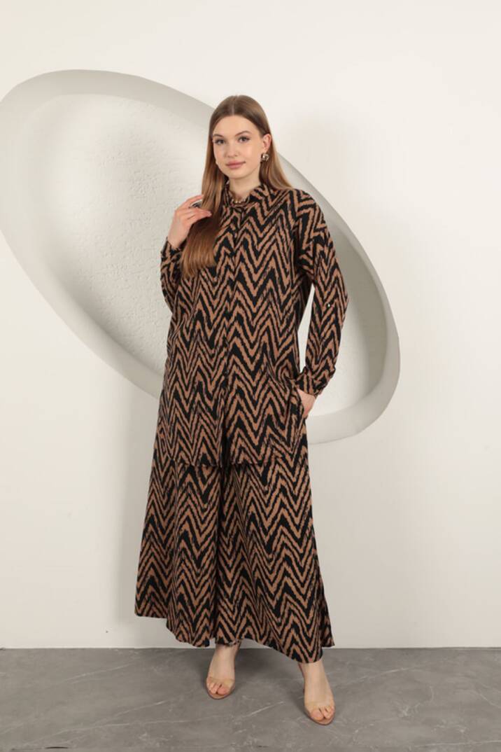 Viskon Kumaş Çizgili Kadın Takım-Camel - 2