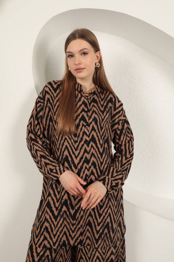 Viskon Kumaş Çizgili Kadın Takım-Camel - 5