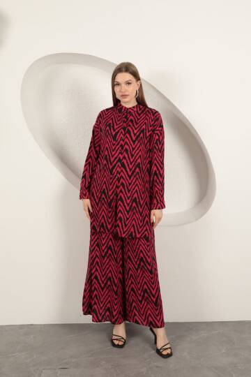 Viskon Kumaş Çizgili Kadın Takım-Fuşya - 2