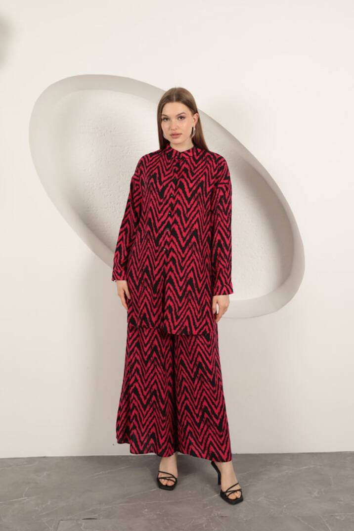 Viskon Kumaş Çizgili Kadın Takım-Fuşya - 2