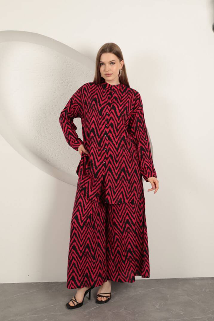 Viskon Kumaş Çizgili Kadın Takım-Fuşya - 3