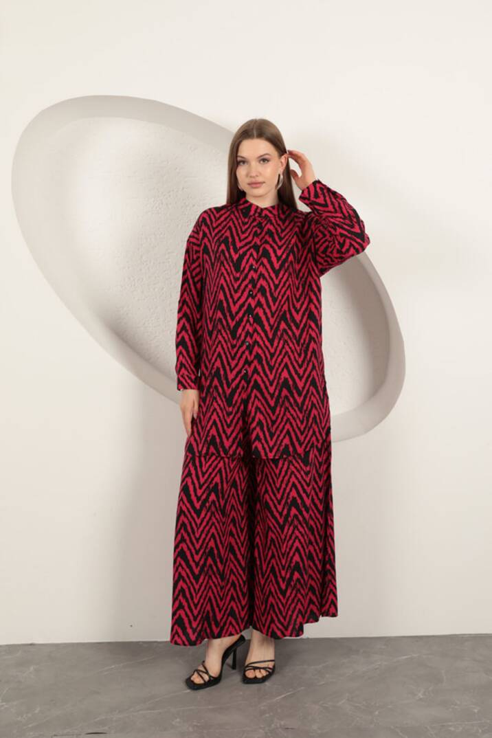 Viskon Kumaş Çizgili Kadın Takım-Fuşya - 4