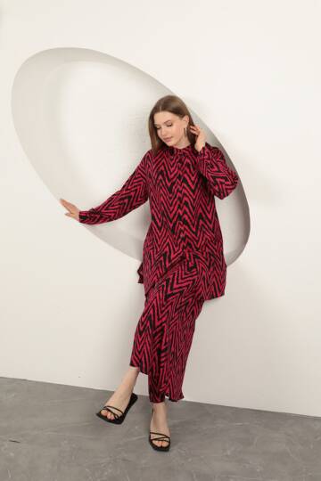 Viskon Kumaş Çizgili Kadın Takım-Fuşya - 5