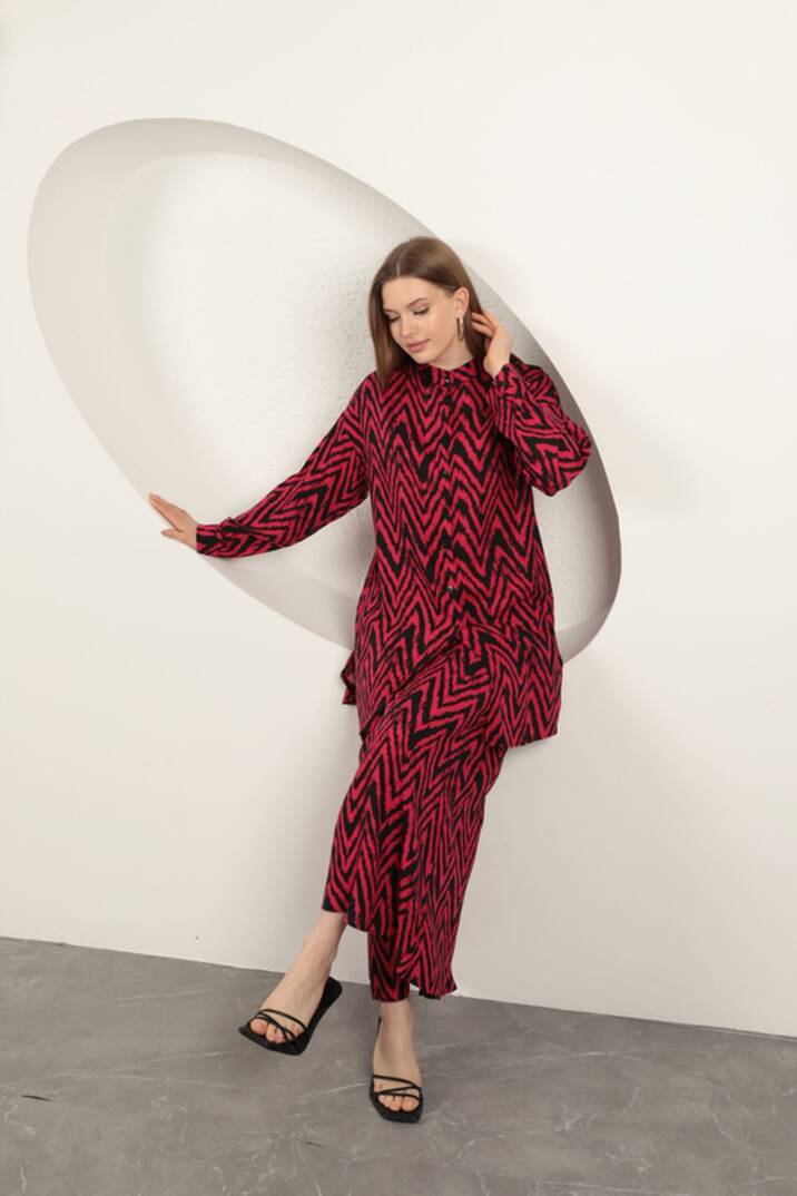 Viskon Kumaş Çizgili Kadın Takım-Fuşya - 5