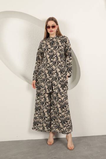 Viskon Kumaş Desenli Kadın Takım-Bej - 2