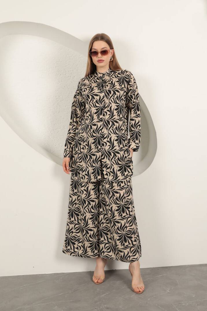 Viskon Kumaş Desenli Kadın Takım-Bej - 2