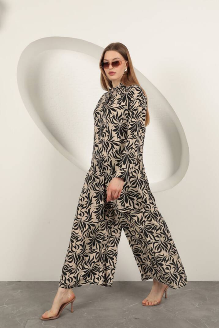 Viskon Kumaş Desenli Kadın Takım-Bej - 3